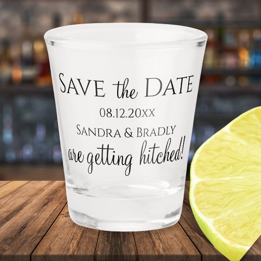 Grappige huwelijksuitnodiging "Save the Date" ze g Shot Glas