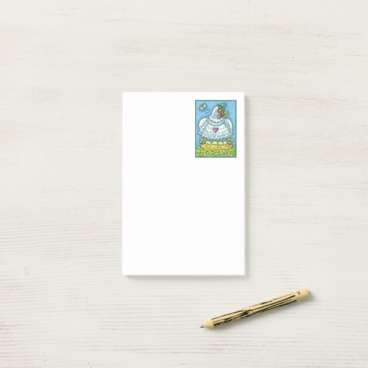 GRAPPIGE IERSE HEN, GROENE EIEREN EN KLAVERTJE VIE POST-IT® NOTES (Op bureau)