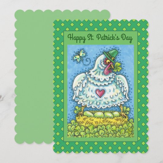 GRAPPIGE IERSE KIP, GROENE EIEREN EN SHAMROCKS Fla Feestdagenkaart (Voorkant / Achterkant)