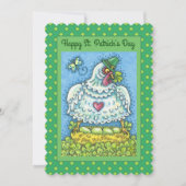 GRAPPIGE IERSE KIP, GROENE EIEREN EN SHAMROCKS Fla Feestdagenkaart (Voorkant)