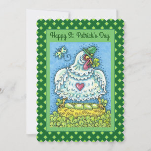 GRAPPIGE IERSE KIP, GROENE EIEREN EN SHAMROCKS Fla Feestdagenkaart