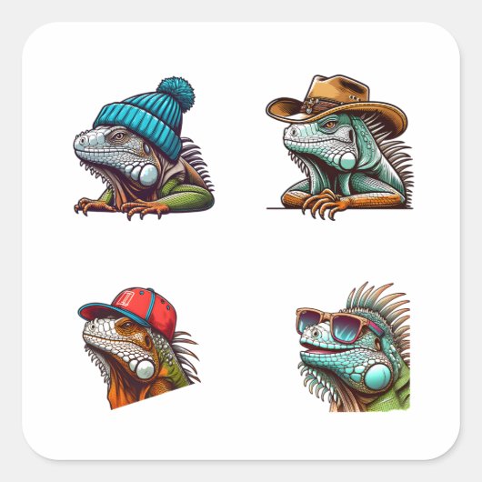 Grappige Iguana Cartoon Art 4 Pack Stickers (Voorkant)