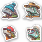 Grappige Iguana Cartoon Art 4 Pack Stickers (Voorkant)