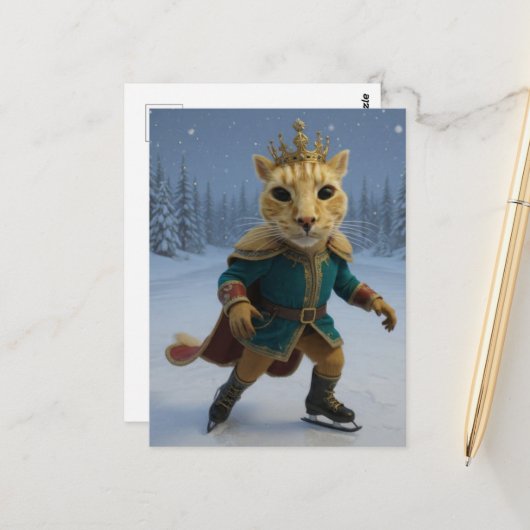 Grappige IJsrijdende Kattenkoning Briefkaart (Voorkant / Achterkant in situ)