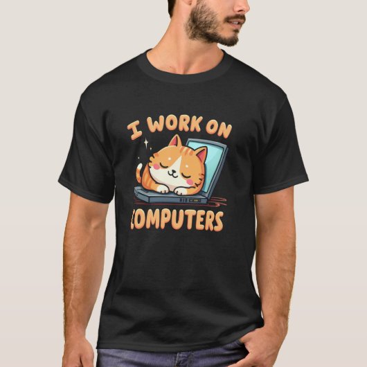 Grappige Ik Werk op Computers Katten T-shirt (Voorkant)