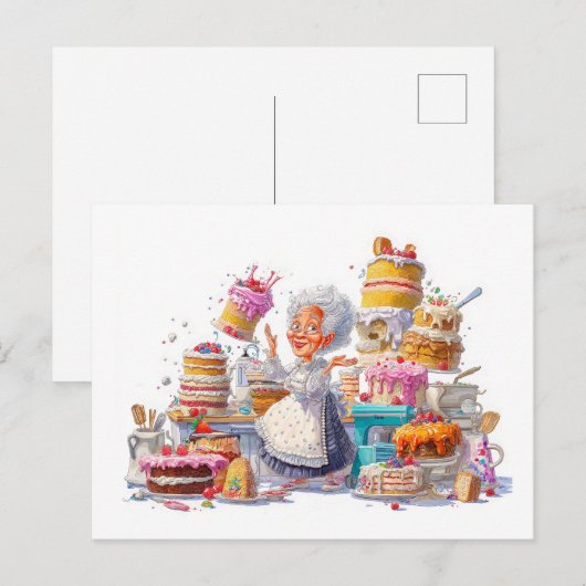 Grappige illustratie van oma die taarten bakt feestdagenkaart (Voorkant / Achterkant)