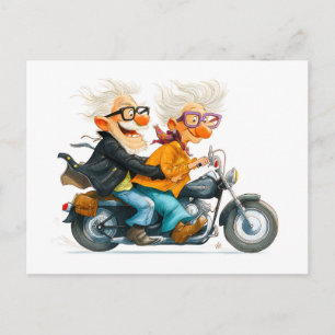 Grappige illustratie van senioren die op een motor feestdagenkaart