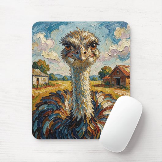 Grappige Impasto Struisvogel op een Ranch Muismat (Met muis)