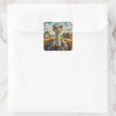 Grappige Impasto Struisvogel op een Ranch Vierkante Sticker (Tas)