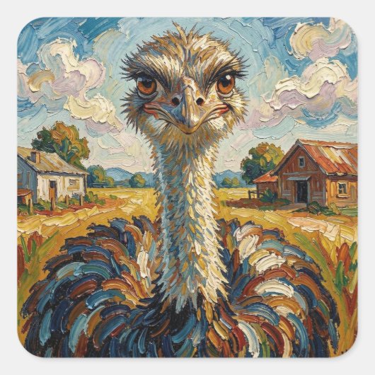 Grappige Impasto Struisvogel op een Ranch Vierkante Sticker (Voorkant)