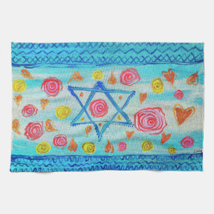 Grappige Israëlische vlag met bloemen en harten Theedoek