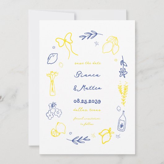 Grappige Italiaanse Hand getrokken citroenen Lijst Save The Date (Voorkant)