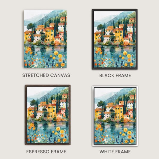 Grappige Italiaanse Lakeside Village Art Canvas Afdruk