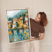 Grappige Italiaanse Lakeside Village Art Canvas Afdruk
