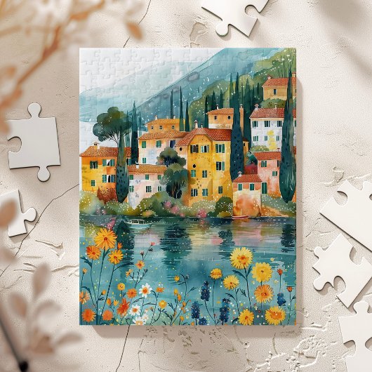 Grappige Italiaanse Lakeside Village Art Legpuzzel