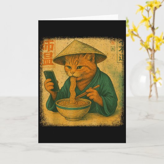 Grappige Japanse Kat Eet Ramen En Scrollen Telefoo Kaart (Gele Bloem)