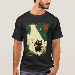Grappige Japanse Kat Ontvoering Alien UFO Gitaar U T-shirt