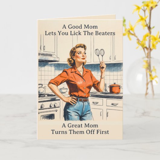 Grappige jaren 50 huisvrouw retro Moederdag Kaart (Gele Bloem)