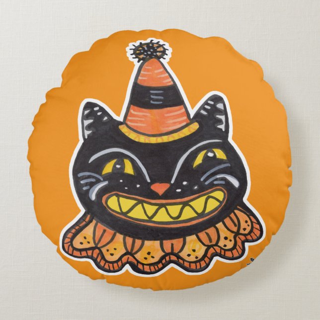 Grappige Jester  Halloween Carnaval Fun Cat Rond Kussen (Voorkant)
