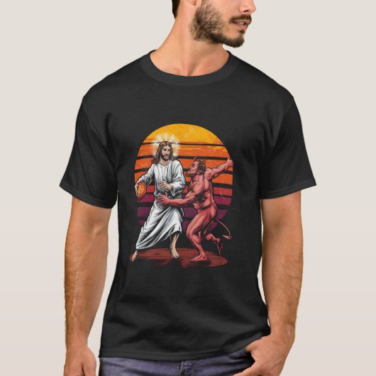 Grappige Jezus basketbal kruisen van de duivel Chr T-shirt (Voorkant)
