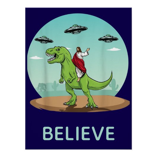 Grappige Jezus Dinosaur UFO Geloof Retro Perfect Poster (Voorkant)