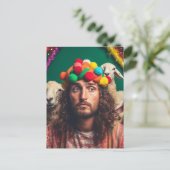 Grappige Jezus en Schapen op een kleurrijk Verjaar Briefkaart (Staand voorkant)