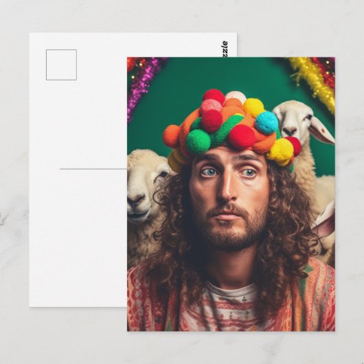 Grappige Jezus en Schapen op een kleurrijk Verjaar Briefkaart (Voorkant / Achterkant)