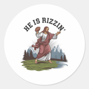 Grappige Jezus Hij Is Rizzin Voetbal Kleding Spele Ronde Sticker