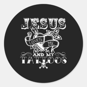 Grappige Jezus houdt van mij en mijn tatoeages Ronde Sticker