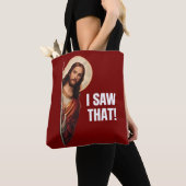 Grappige Jezus "Ik Zag Het" Christelijk meme ontwe Tote Bag (Dichtbij)