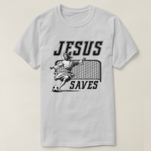Grappige Jezus redt en scoort voetbaldoelen T-shirt (Design voorkant)