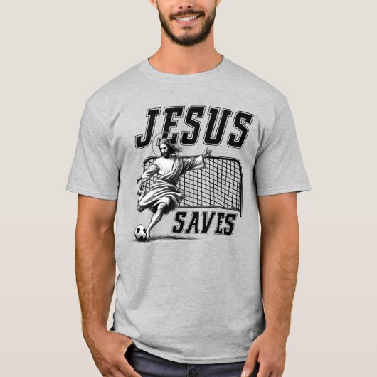 Grappige Jezus redt en scoort voetbaldoelen T-shirt (Voorkant)