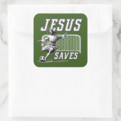 Grappige Jezus redt en scoort voetbaldoelen Vierkante Sticker (Tas)