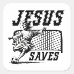 Grappige Jezus redt en scoort voetbaldoelen Vierkante Sticker
