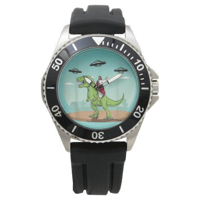 Grappige Jezus Ridende Dinosaurus Alien  Horloge (Voorkant)
