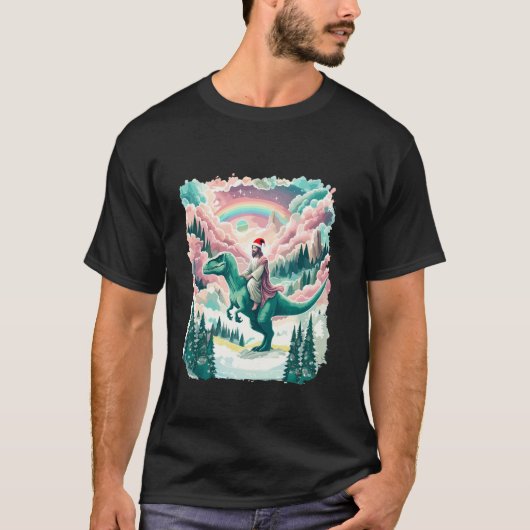 Grappige Jezus Rijden T Rex Dinosaurus Meme Kerstm T-shirt (Voorkant)