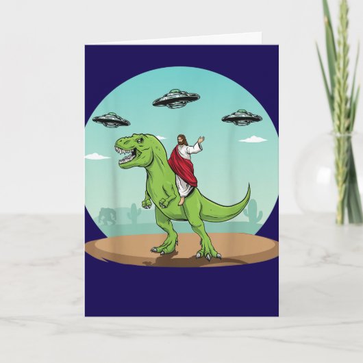 Grappige Jezus Rijdt op Dinosaurus Alien UFO Kaart (Voorkant)