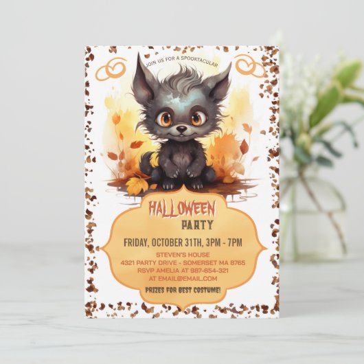 Grappige jonge weerwolf en pompoen Waterverf Kaart (Staand voorkant)