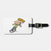Grappige jongen die eenwieler rijdt bagagelabel (Voorkant horizontaal)