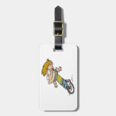 Grappige jongen die eenwieler rijdt bagagelabel (Voorkant verticaal)