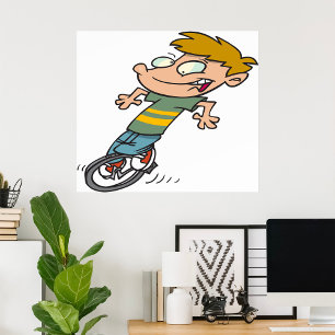 Grappige jongen die eenwieler rijdt poster