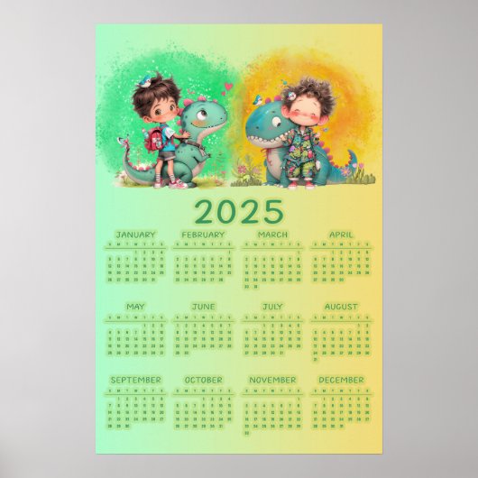 Grappige Jongen & Dinosaur Cartoon  Poster (Voorkant)