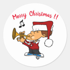 Grappige jongen in Santa Hat blaast hoorn Kerstmis Ronde Sticker