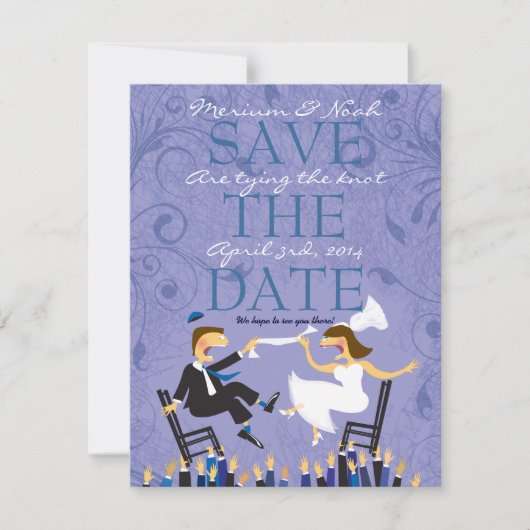 Grappige Joodse Hora Stoel Dans - met bruin haar Save The Date (Voorkant)