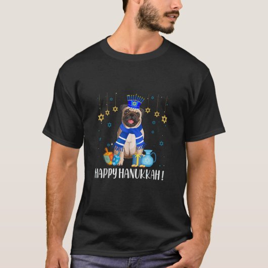 Grappige Joodse Pug Hond Kippah Menorah Chanukah H T-shirt (Voorkant)