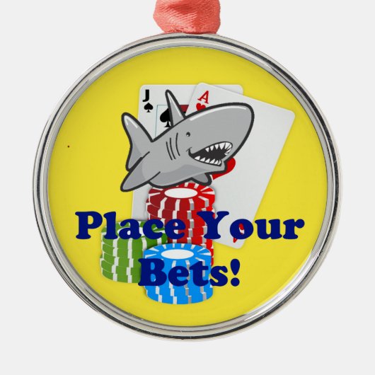 Grappige kaart Shark Gambling Cartoon met Poker Ch Metalen Ornament (Voorkant)