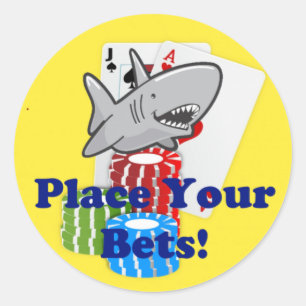 Grappige kaart Shark Gambling Cartoon met Poker Ch Ronde Sticker