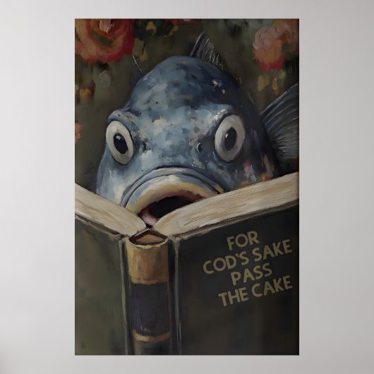Grappige kabeljauw leest boek getiteld 'In naam va Poster (Voorkant)