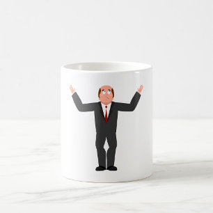 Grappige kale zakenman haalt humoristisch op koffiemok