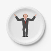 Grappige kale zakenman haalt humoristisch op papieren bordje (Voorkant)